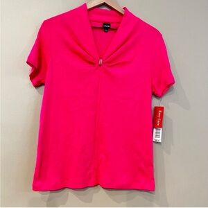 NWT 1990s Rafaella Bright Pink Short Sleeve Gathered Front Bling Sweater Size L